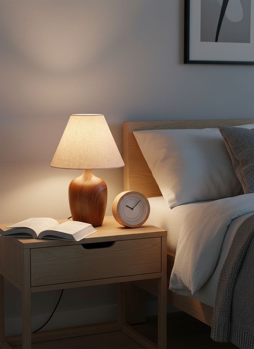 Лампа настольная 90010 с абажуром из льна в интерьере спальни