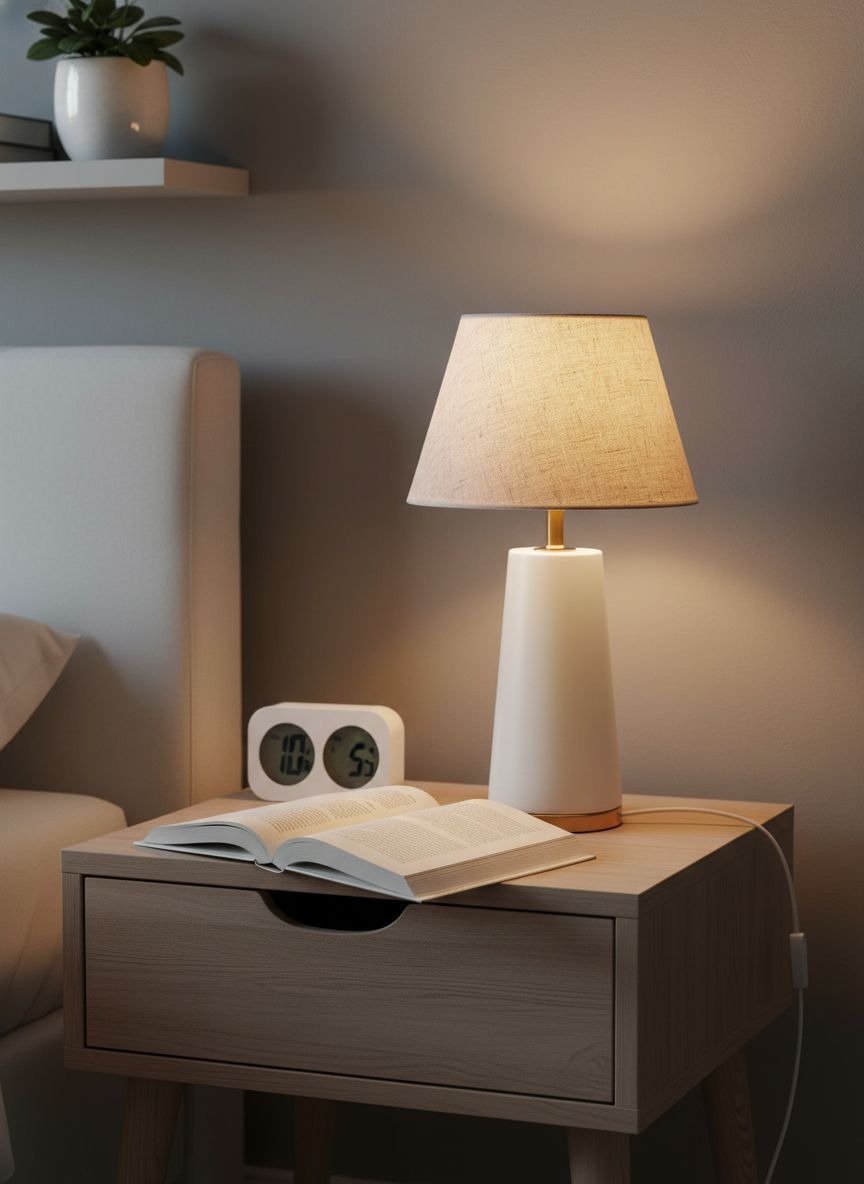 Настольная лампа 90020Б белая с абажуром из льна в интерьере спальни фото