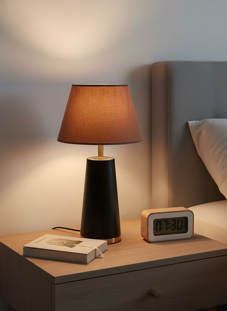 Настольный светильник 90020Ч с коричневым абажуром из льна в интерьере фото