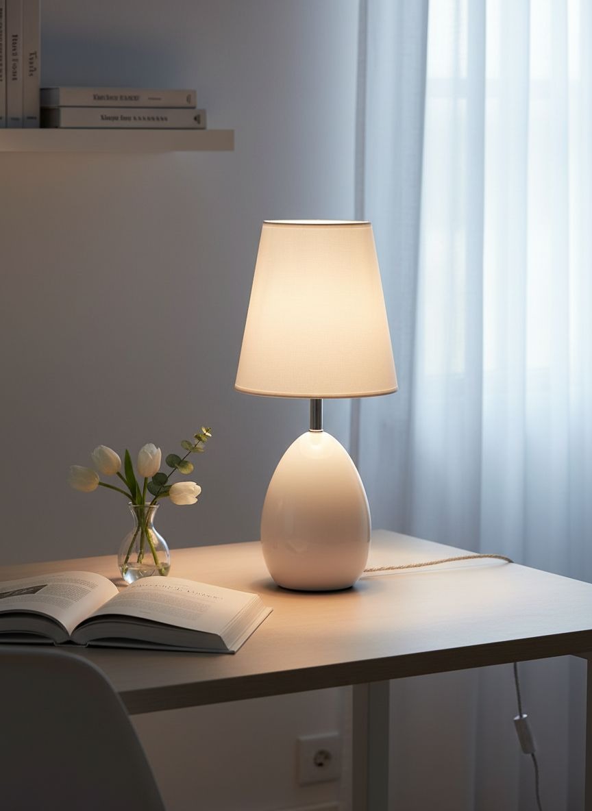 Светильник настольный 90030Б белый с абажуром из ткани в интерьере комнаты фото