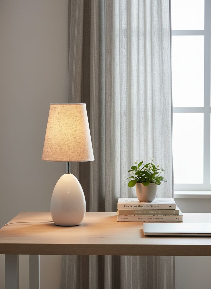 Лампа настольная 90030ЛБ в интерьере с бежевым абажуром из льна, прикроватный светильник с белым основанием