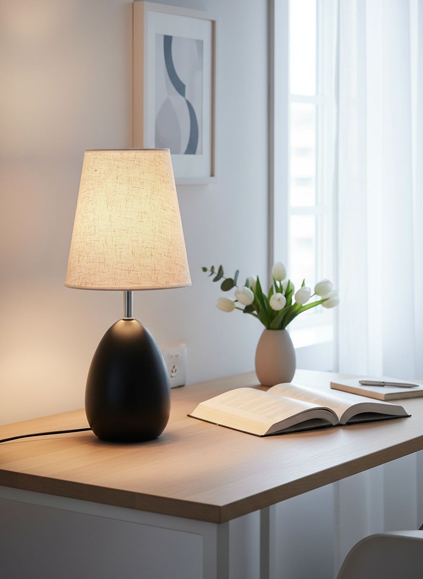 Лампа 90030ЛЧ настольная с бежевым абажуром из льна, прикроватный светильник с черным основанием в интерьере