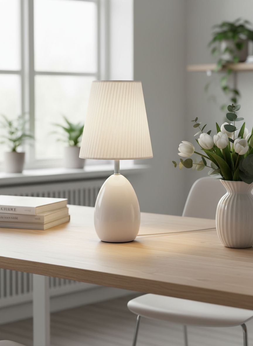 Лампа настольная с белым абажуром в рубчик, современный прикроватный светильник 90030РБ фото в интерьере