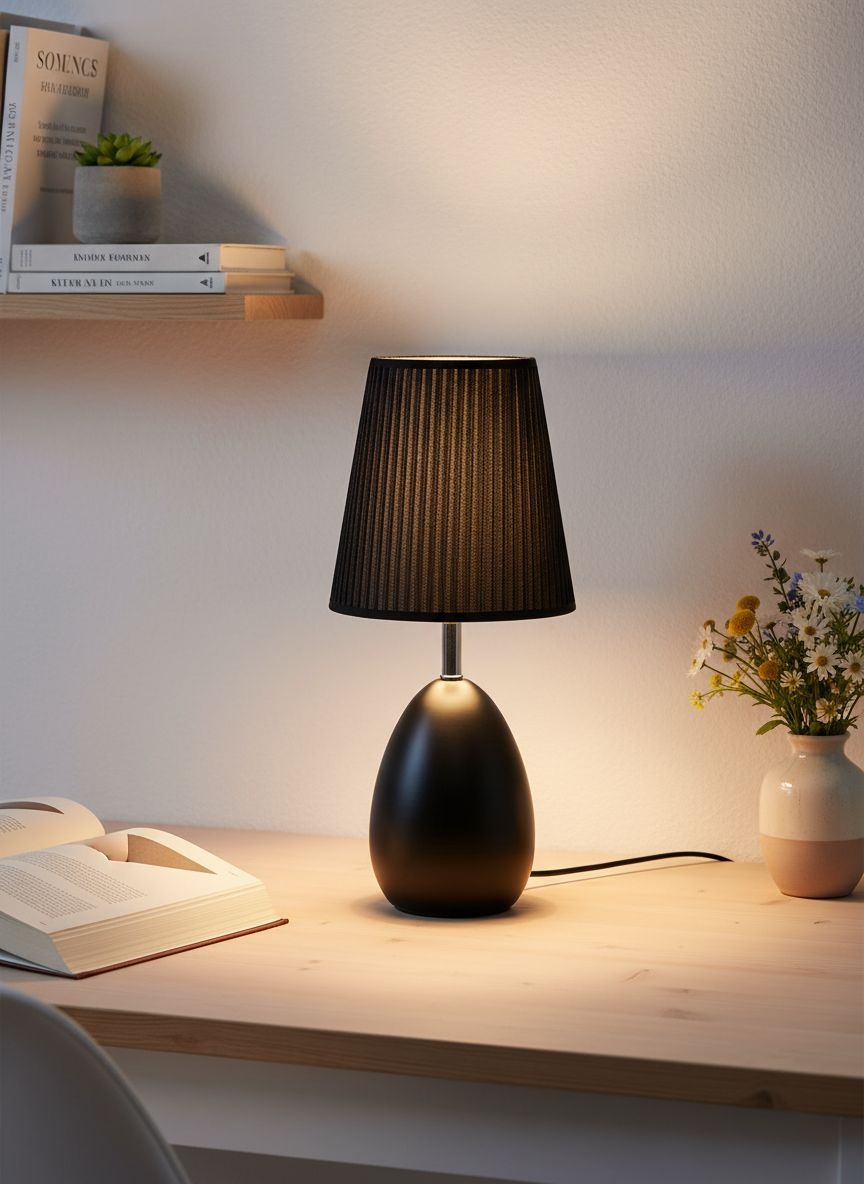 Лампа настольная 90030РЧ с черным абажуром в рубчик, современный прикроватный светильник фото в интерьере