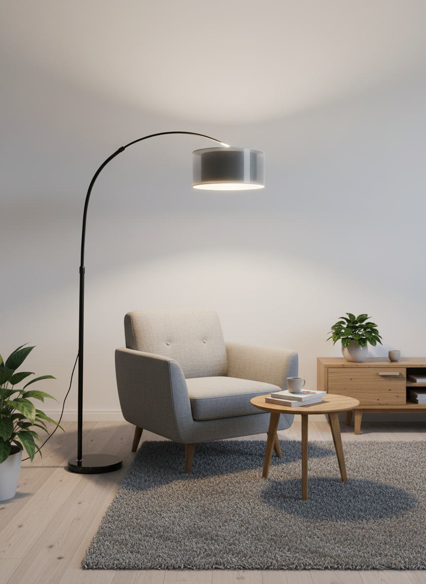 Торшер напольный 850080Б на мраморном основании с двойным черно-белым абажуром в интерьере